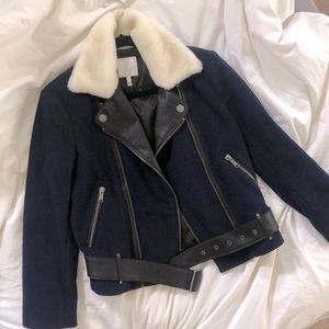 Joie wool Moto jacket w/ leather trim & fur collar